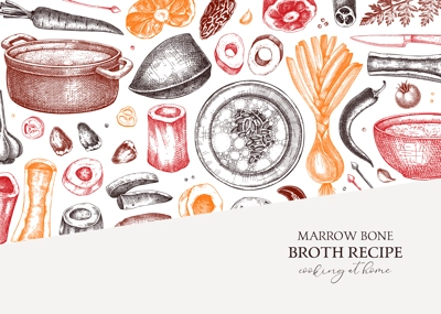 Healthy food background. Marrow bone broth banner. Hot soup on plates, pans, bowls, organ meat, vegetables, marrow bones sketches. Hand drawn vector illustrations. Homemade food ingredient